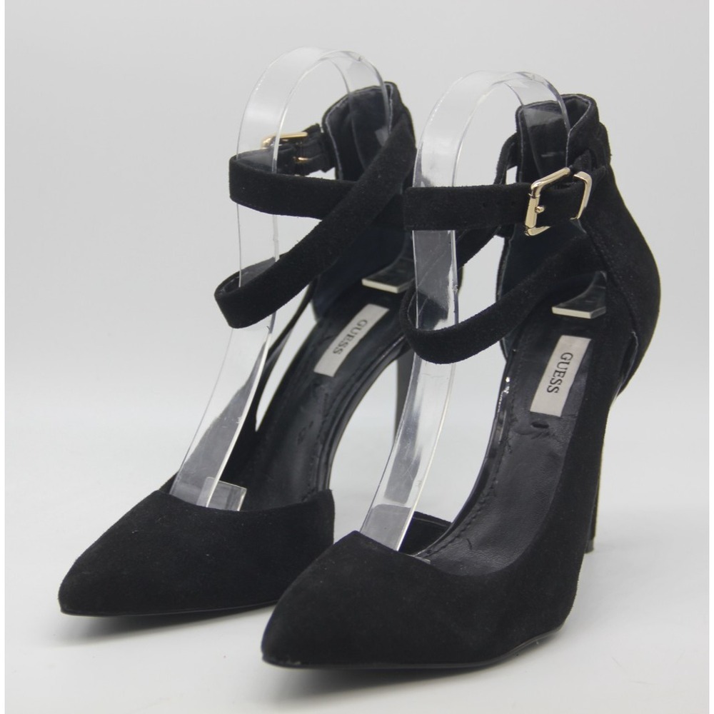 GUESS Ankle Strap Stiletto Pumps Black Velvet Gold 7.5M Y2K Sexy Rock Retro Glam